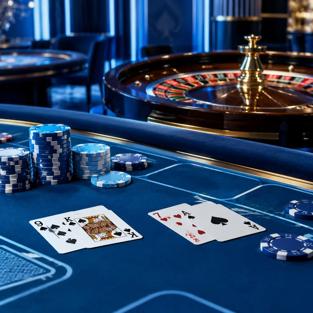Meja kartu dengan roda roulette di latar