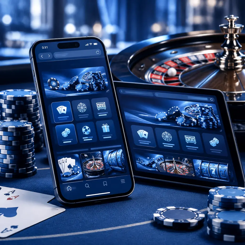 Ponsel dan tablet dengan panel web ilustratif di meja roulette