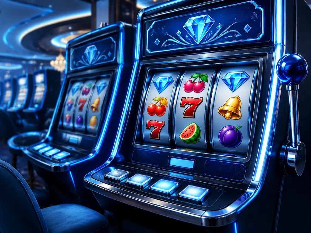 Dua mesin slot dengan simbol permata dan buah