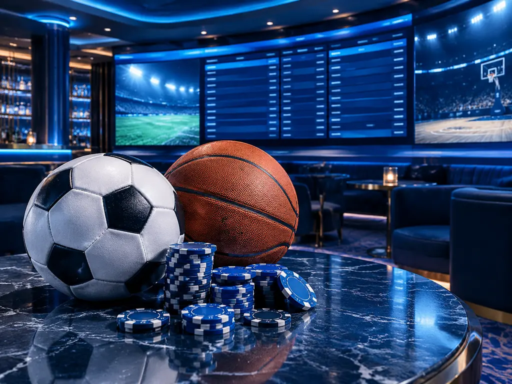 Bola sepak, bola basket, dan chip di area sportsbook